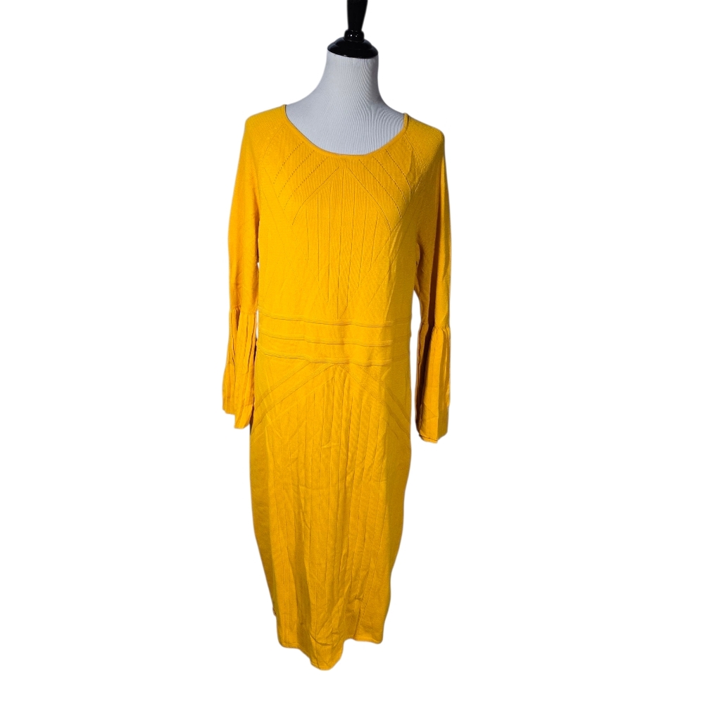 Ashro Size Large Yellow Long Bell Sleeve Knit Midi Sweater Dress